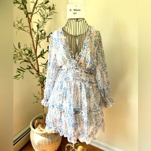 Deep V Neck Ruffle Long Sleeve Floral print Dress